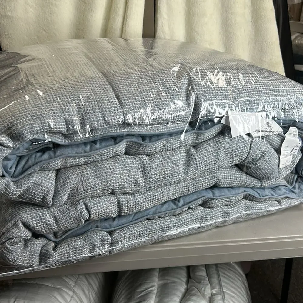 Pottery Barn European Flax Linen Waffle Comforter Chambray Blue King / Cal NEW